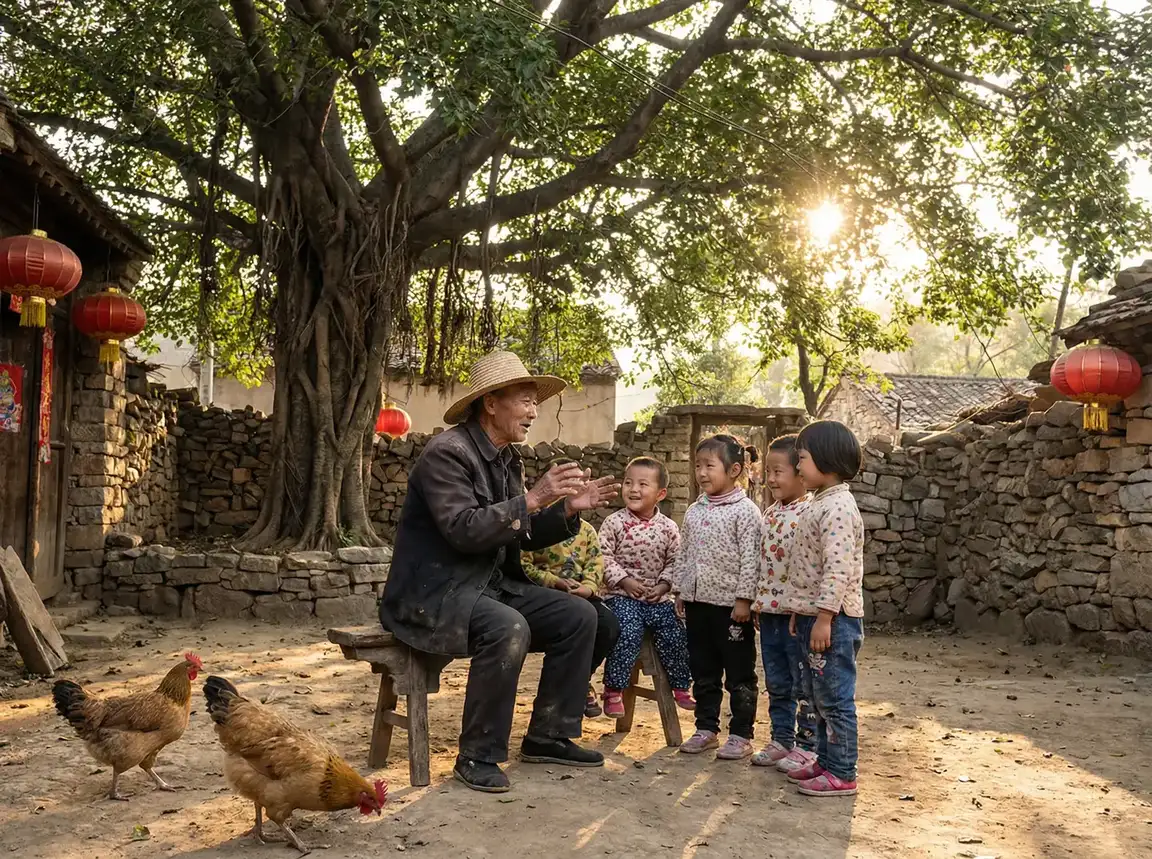 老人在大榕树下给孩子们讲故事 - 桃子视频高清免费观看 乡村记忆